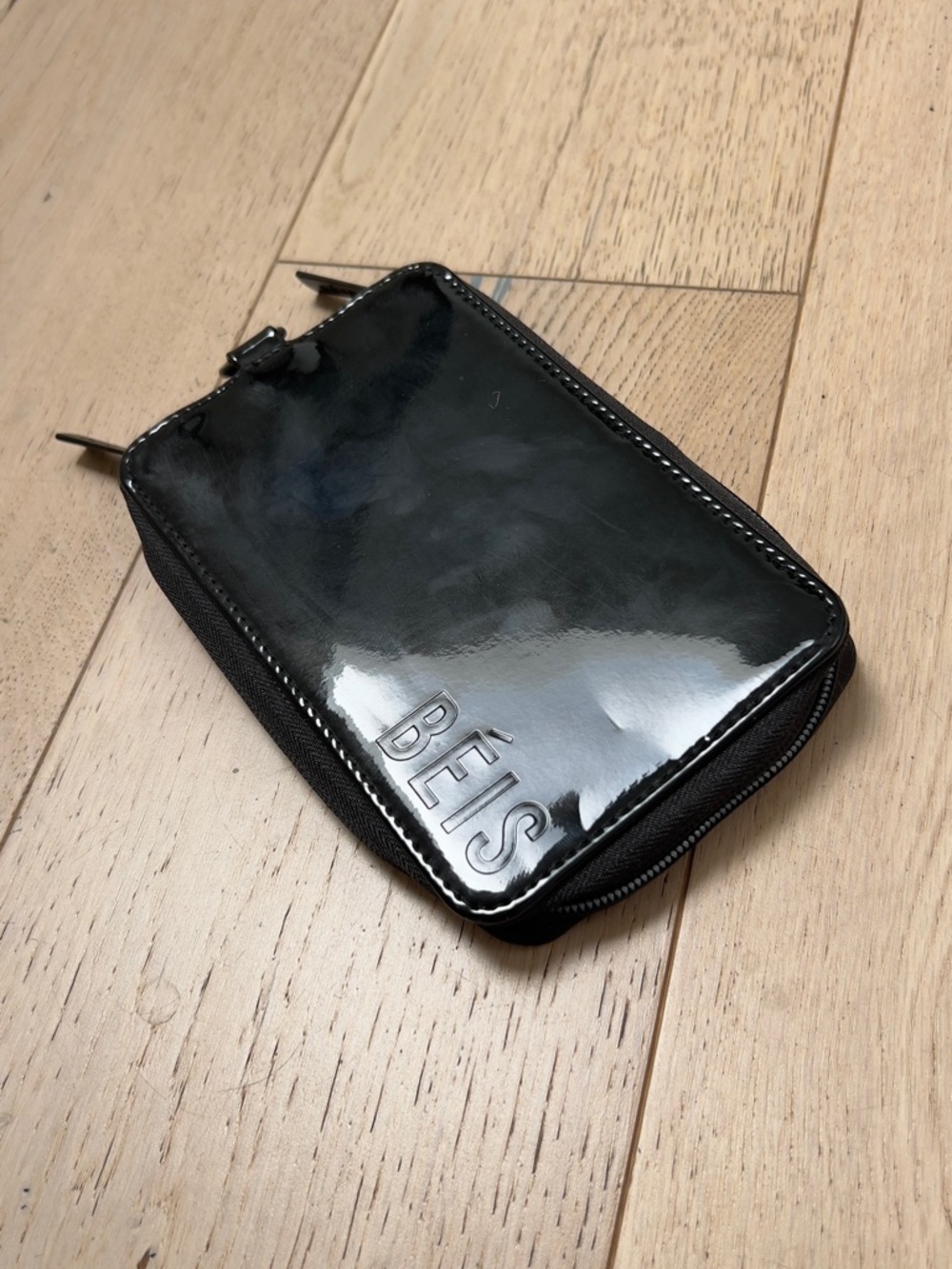 Beis Black Shiny Zip Portfolio Travel Wallet